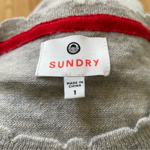 Anthropologie Sundry Wool Cashmere Scallop Gray Stripe Sleeve Sweater EUC Sz 1/S - Picture 10 of 12